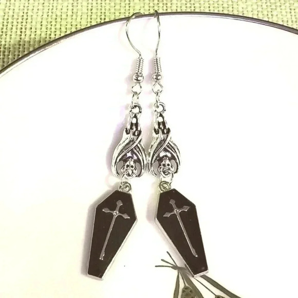 Vampire Coffin Hanging Bat Midnight Black Silver Cross Goth Enamel Earrings - Picture 1 of 8